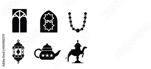 Eid Mubarak Icon Set with Mosque and Crescent Moon