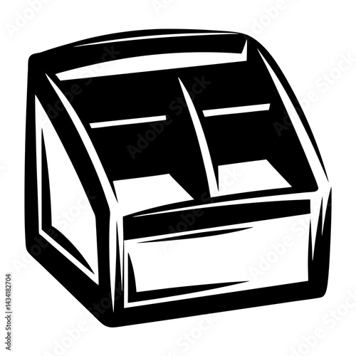 Black and white illustration of a partitioned open storage box or organizer