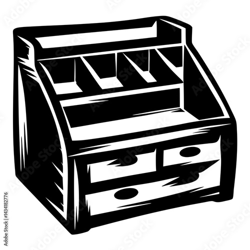 Stylized Black and White Illustration of a Desk Organizer with Drawers and Slots