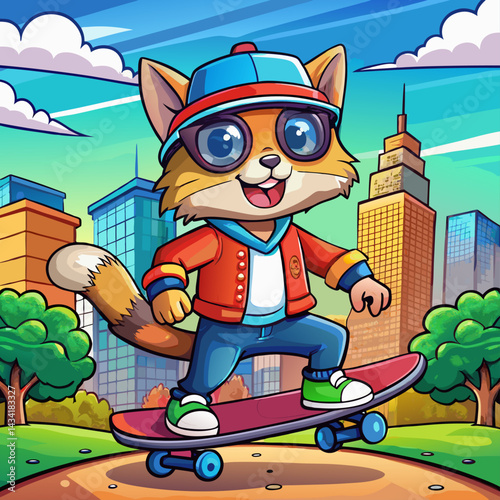 Cool Cartoon Cat Skateboarding in Urban Park with Colorful Buildings and Trees – Fun and Playful Animal Character Illustration for Kids, Adventure & Branding