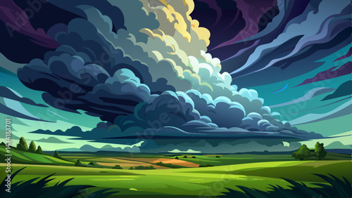 Very beautiful Acaptivating view of dark, dramatic storm clouds rolling over a vast green field, creating a unique contrast and a sense of impending weather changes in nature.
