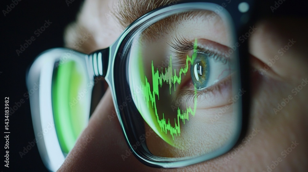 reflection of stock market charts in a man's glasses