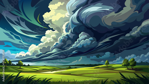 Very beautiful Acaptivating view of dark, dramatic storm clouds rolling over a vast green field, creating a unique contrast and a sense of impending weather changes in nature.