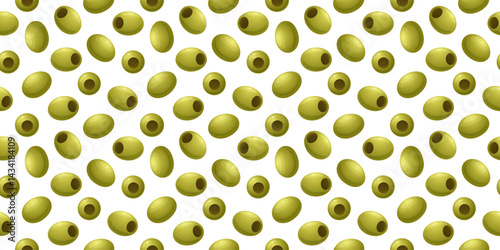 Seamless pattern of green olives. Tasty and fresh snack background for packaging, kitchen textiles, Mediterranean food branding or healthy eating design.
