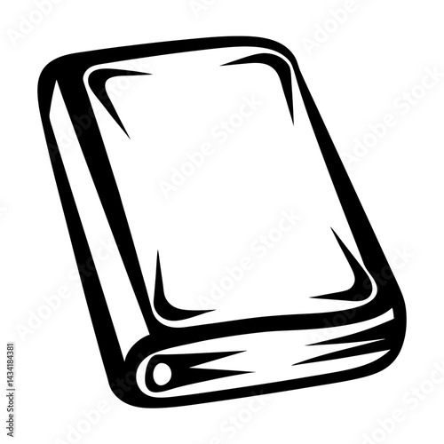 Stylized black and white image of a closed book, blank cover