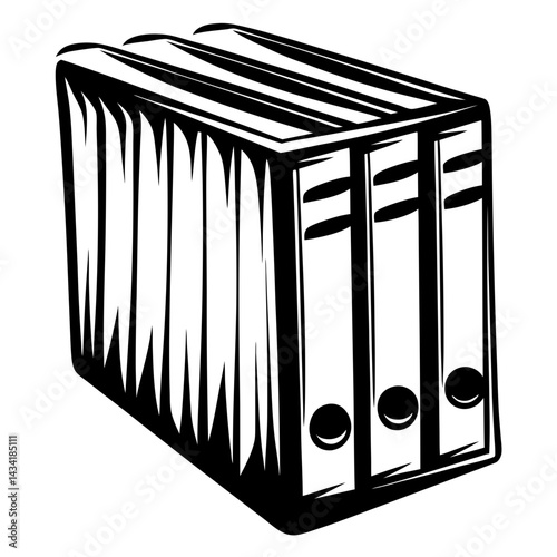 Monochrome stylized illustration of binders organized together in office or home storage