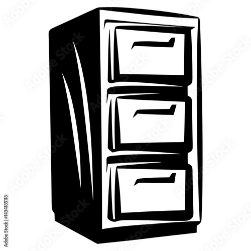 Monochrome illustration of a three drawer filing cabinet storage system