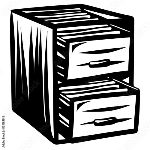 Black and white cartoon illustration of a two drawer filing cabinet