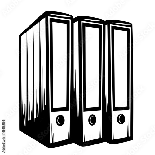 Black and white illustration of ring binders for office organization and files