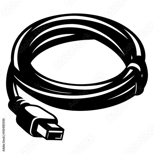 Black and white depiction of a coiled USB cable with connector end