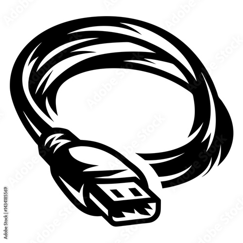 Black and white rendering of a USB cable curled into a loop