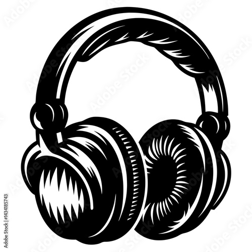 Striking monochrome illustration of professional DJ headphones with intricate detailing and design