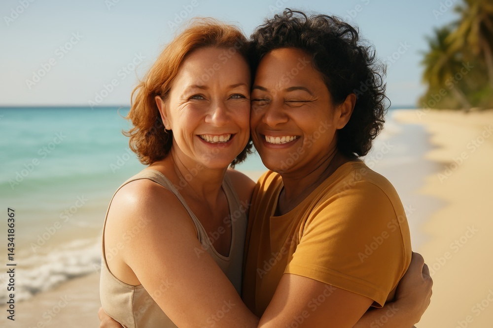 Mature lesbian couple smiling closely on a tropical beach. AI-generated
