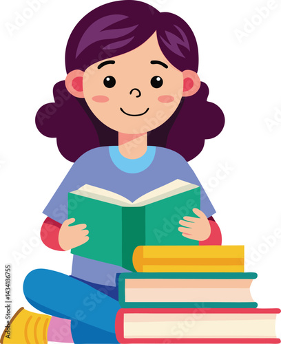 Girl reading a stack of books
