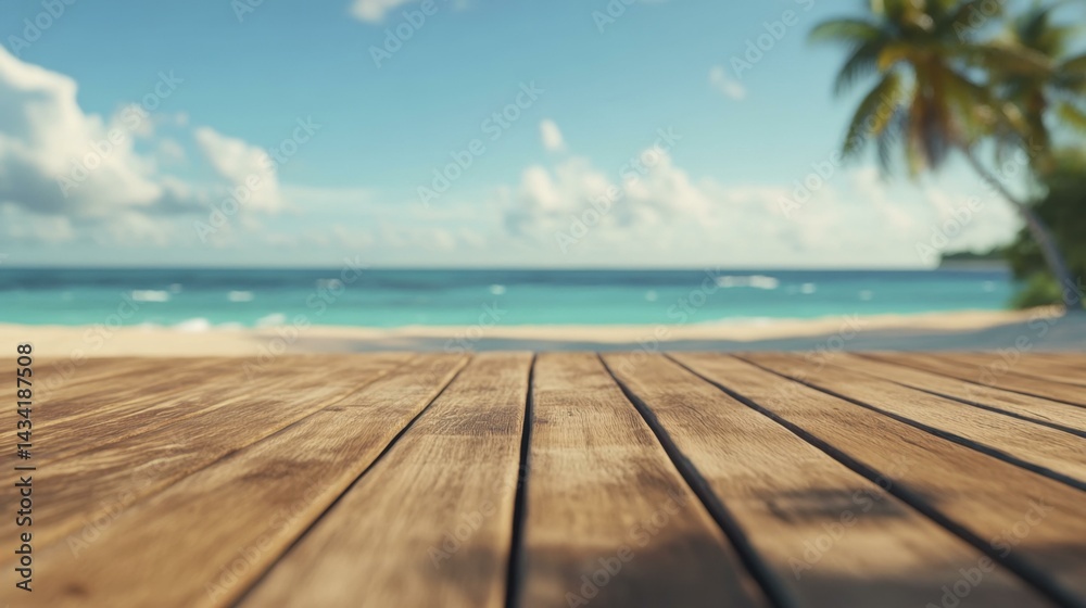 Fototapeta premium Wooden deck overlooks ocean, sand, and sky with soft clouds; tropical beach paradise scene under clear sunny skies
