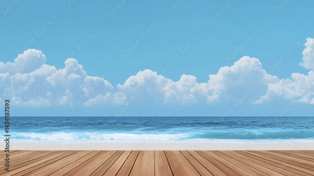 Fototapeta premium Seascape backdrop of blue ocean with light waves under cloudy sky and wooden decking, inviting calm and relaxation