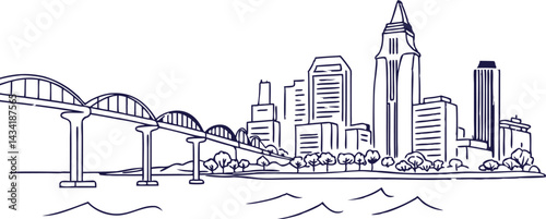 San Diego skyline, featuring its waterfront and Coronado Bridge in a modern, continuous-line style.