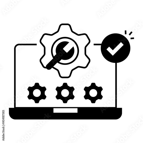 Verified Laptop Maintenance. Laptop with gears and checkmark icon for approved device servicing
