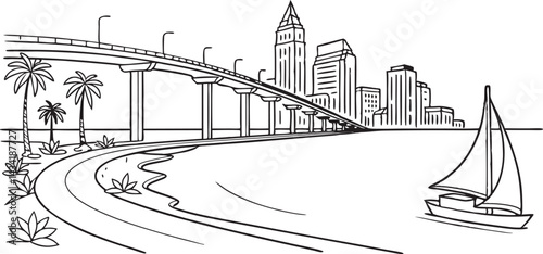 San Diego skyline, featuring its waterfront and Coronado Bridge in a modern, one-line drawing style.