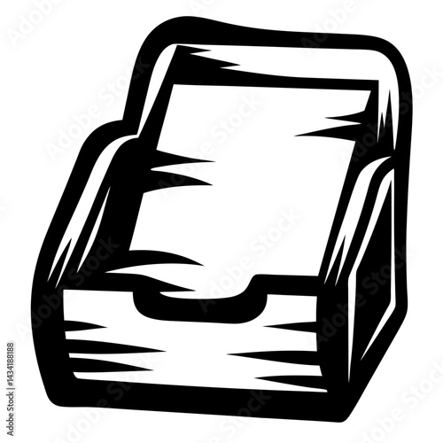 Stylized black and white illustration of a full in tray for papers
