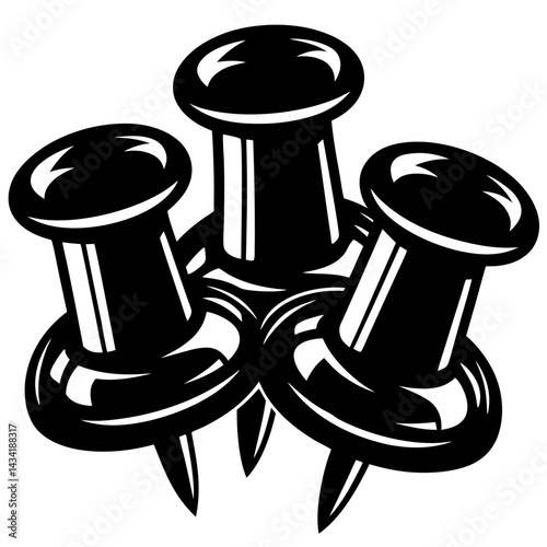 Stylized graphic of three overlapping push pins in monochrome black design
