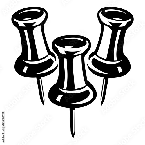 Graphic illustration of three black push pins, office supply concept rendering