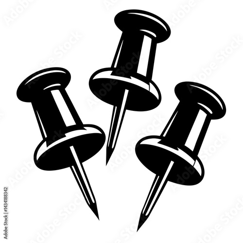 Three black push pins with a sharp needle pointing towards viewer