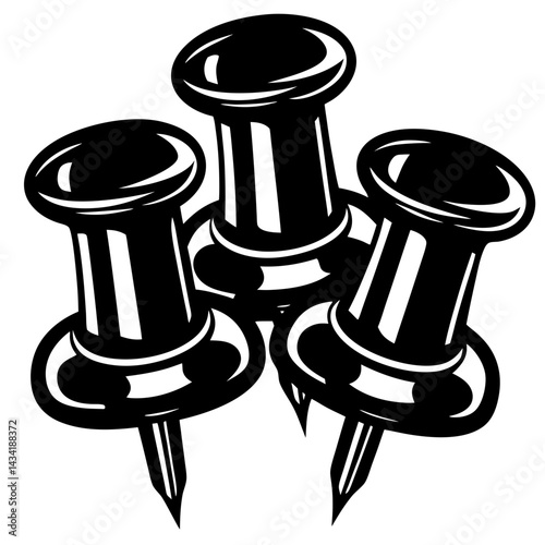 Monochrome illustration of three push pins ready for tacking into place