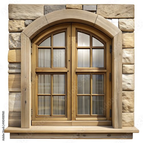 Antique Wooden Window in a Stone Wall. Realistic Wooden Window PNG.