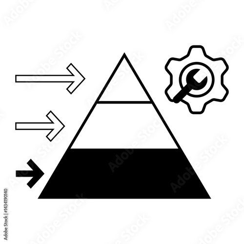 Tiered Service Flow 1. Pyramid with gear and arrows for multi-level support workflow and segmentation