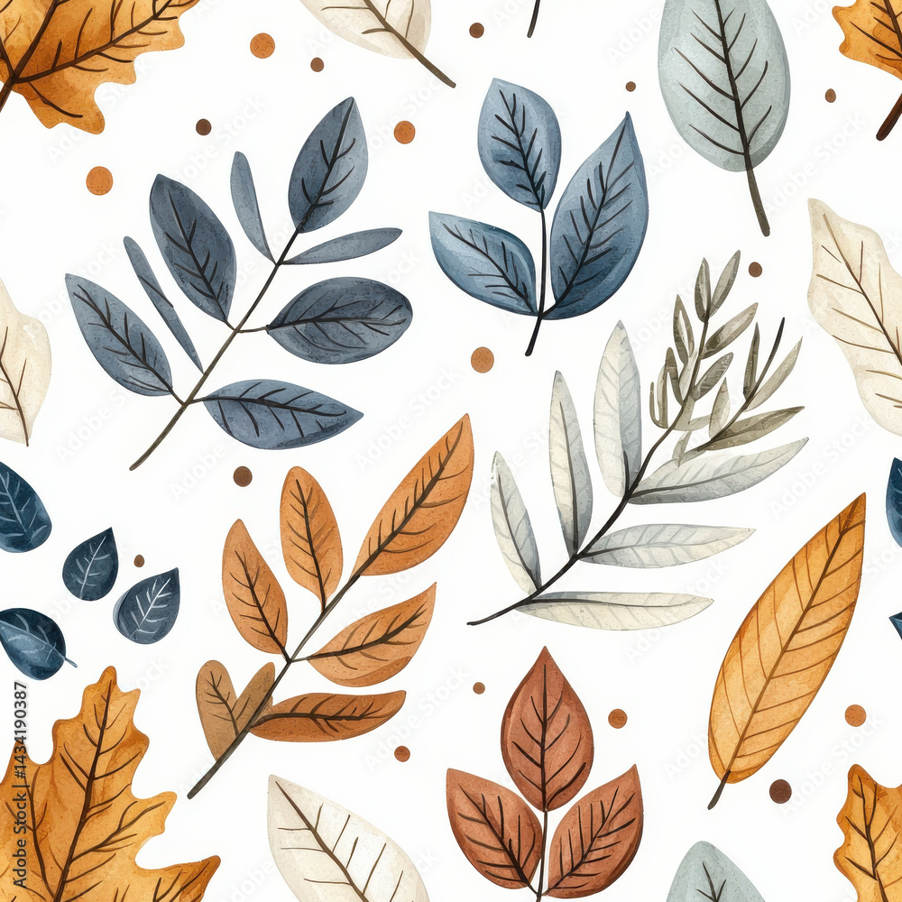 Obraz premium Autumn leaves pattern with watercolor textures on white