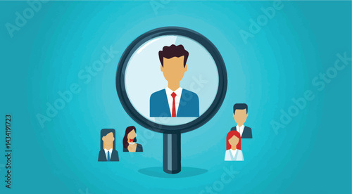 vector Magnifying Glass Showing a Businessman's Portrait in a Group of People