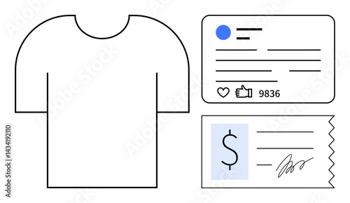 T-shirt outline next to engagement stats and purchase receipt. Ideal for online shopping, branding, e-commerce, social media, marketing, retail, and simple landing page
