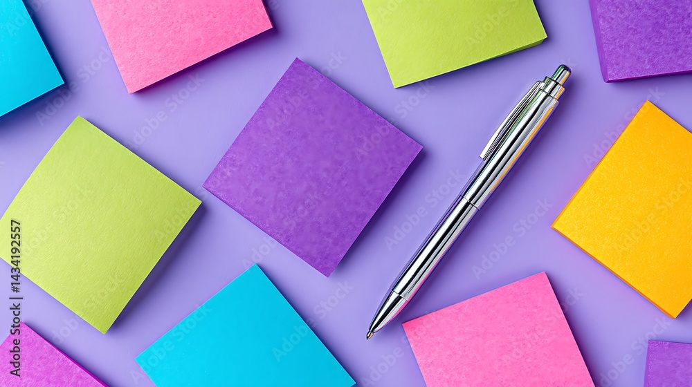 A silver pen lays on a purple surface amongst scattered colorful sticky notes A silver pen lays on a purple surface amongst scattered colorful sticky notes