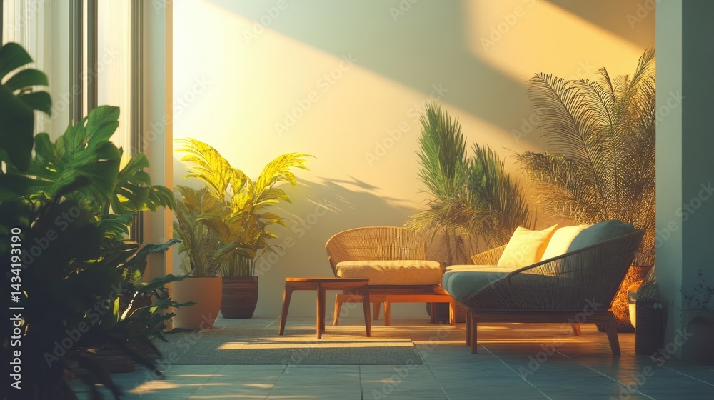 Fototapeta premium Sunlit Tropical Patio: Relaxing Rattan Furniture and Lush Greenery