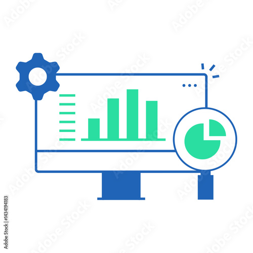 Performance Analytics Dashboard. Monitor with chart, pie graph and gear for analyzing service performance