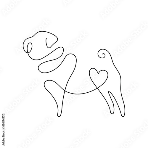 One line pug dog silhouette. Pug dog breed hand drawn minimalism style vector illustration design.