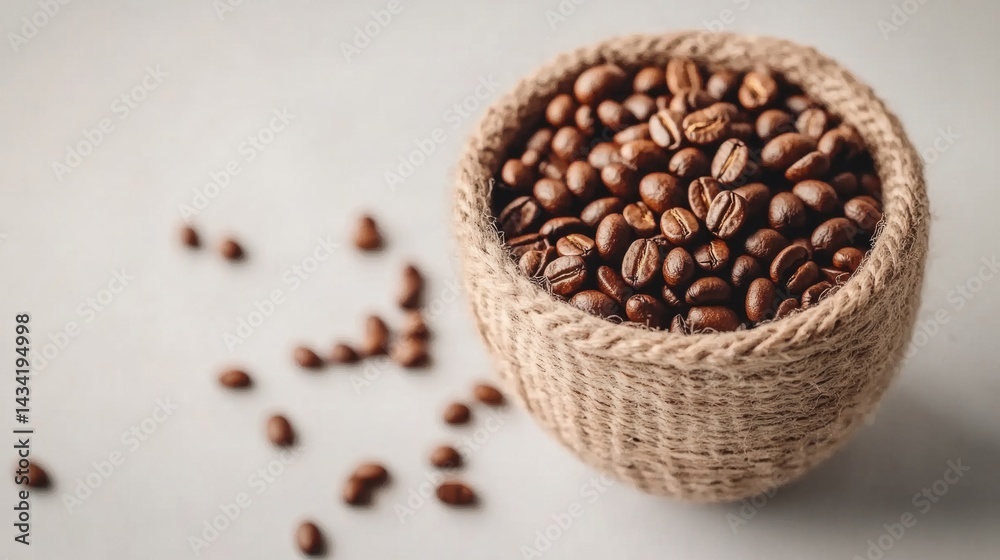 Fototapeta premium High-speed capture of coffee beans falling, rustic roasted beans on white background generative ai