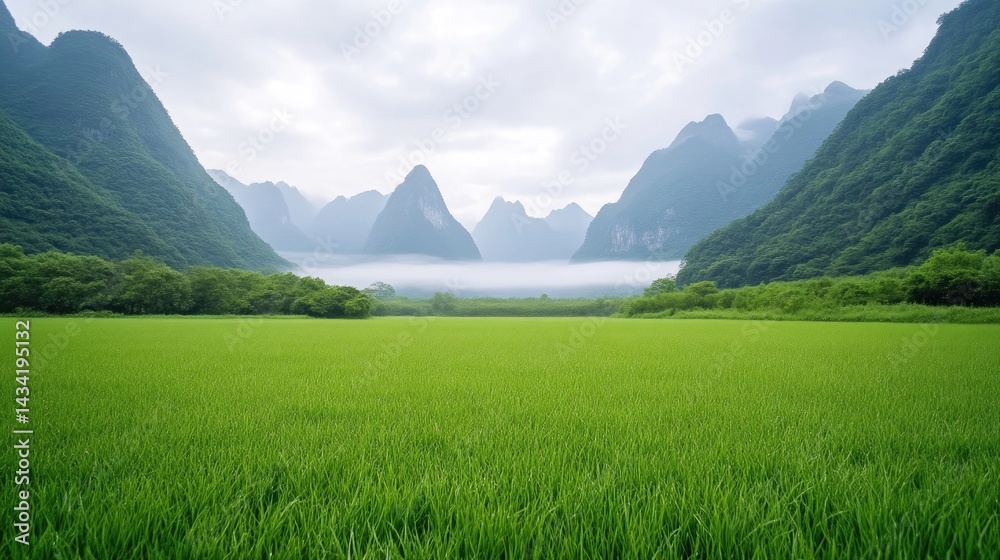 Rice Paddy Lush Mountains Serene Landscape High-resolution Wide Shot Vibrant Green Tranquil Nature Misty Valley Emerald Greens Tourism Brochure extra details included Rice Paddy Lush Mountains Serene Landscape High-resolution Wide Shot Vibrant Green Tranquil Nature Misty Valley Emerald Greens Tourism Brochure extra details included