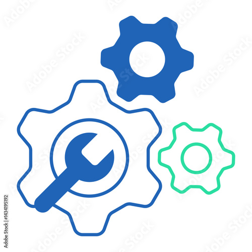 Technical Gear Configuration. Multiple gear icons with wrench for system and software setup tasks