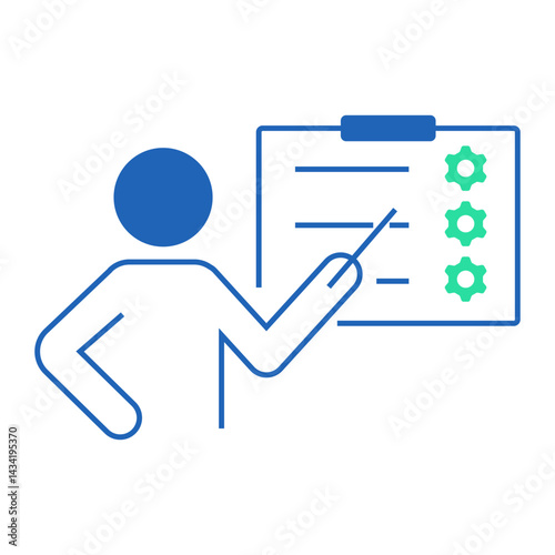 Task Assignment with Settings. Person pointing to clipboard with gears for managing technical tasks