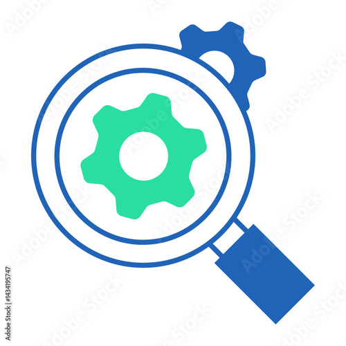 Gear Focus Magnifier. Magnifying glass over gear icon for analyzing settings or inspecting configuration