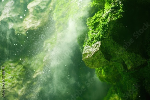 Misty cave interior, lush green moss photo