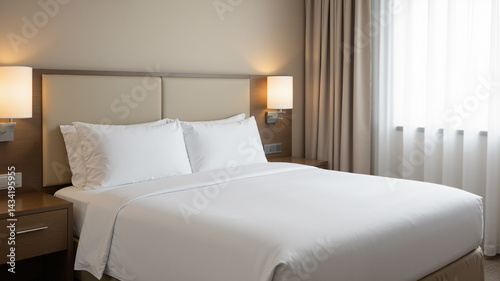 The image shows a hotel room with a large bed with white bed sheets and pillows
