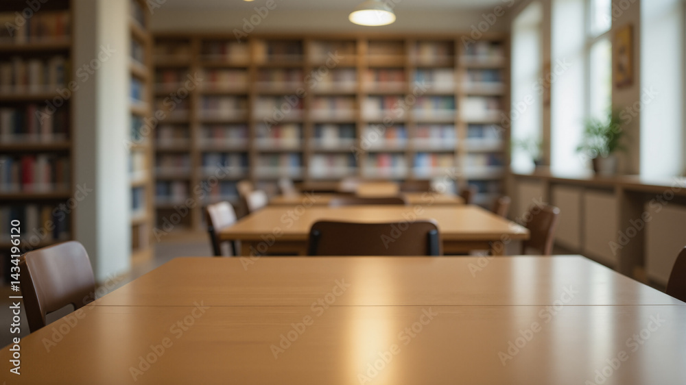 © Ventura - The image shows a long table in the middle of a library surrounded by bookshelves filled with books. There are chairs around the table and lights hanging from the ceiling. On the right side of the ima