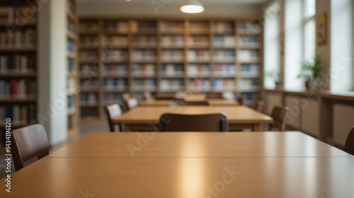 The image shows a long table in the middle of a library surrounded by bookshelves filled with books. There are chairs around the table and lights hanging from the ceiling. On the right side of the ima