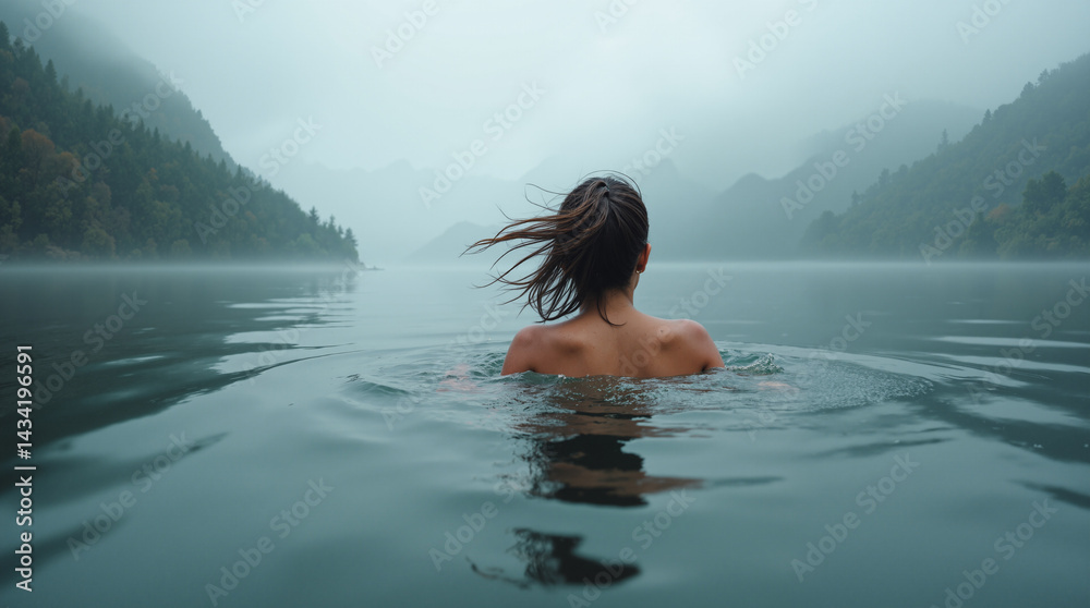 Fototapeta premium The image shows a woman swimming in a lake surrounded by trees and mountains