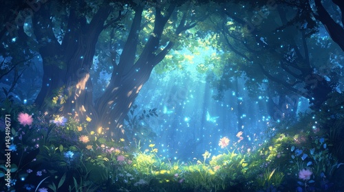 Enchanted forest at night, glowing with fireflies and soft light. Lush greenery, flowers, and ancient trees create a magical atmosphere.