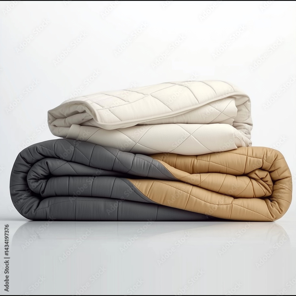 Obraz premium clean, modern product photo showing a neatly stacked set of four comforters in different colors off-white, light beige, dark gray, and warm terracotta brown placed on a flat white surface against a b