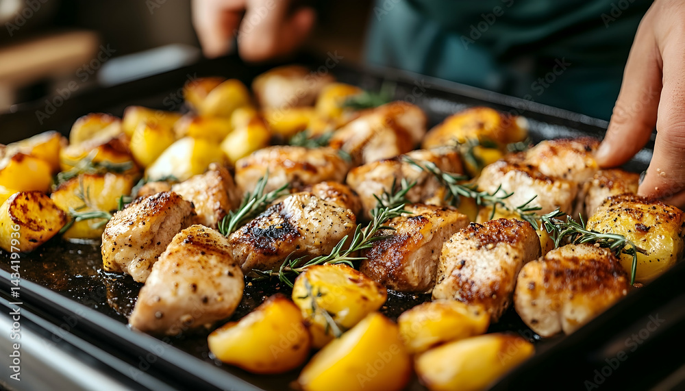 Naklejka premium Grilled chicken and lemon slices garnished with rosemary, being plated in a cozy kitchen setting